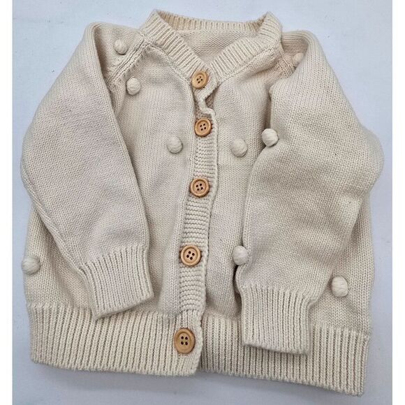 Baby Cardigan With Polka Dot Texture & Wooden Buttons Size 66 100% Cotton Cream - Picture 1 of 5